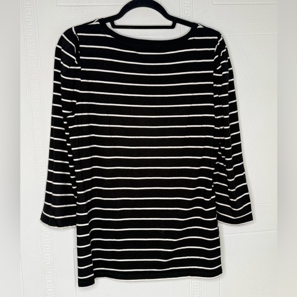 Talbots 100% Pima Cotton Black White Striped Long Puff Sleeve Crew Neck Top M - Picture 5 of 10